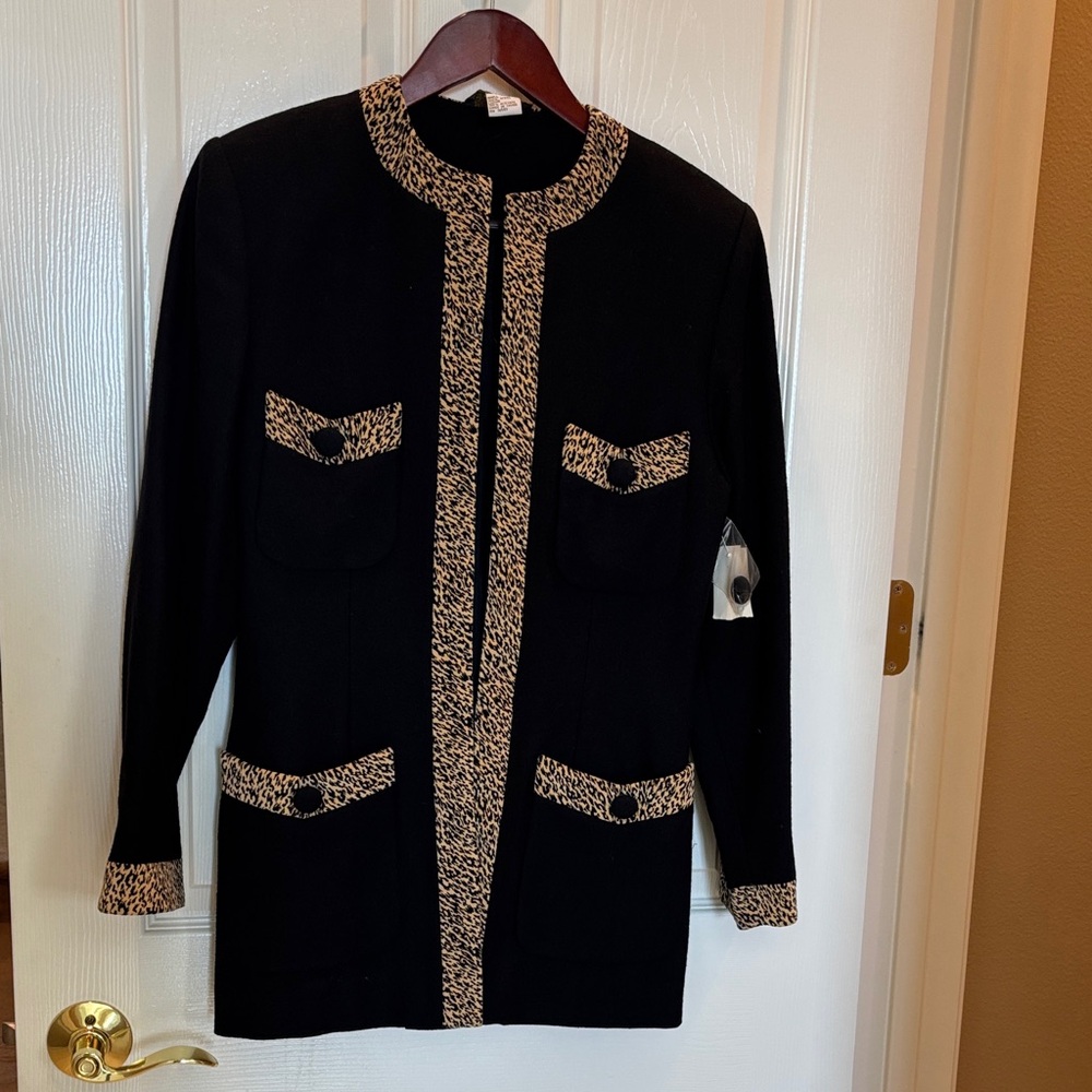 Marshall Rousso Black Jacket with Animal Print Trim. 100% Wool